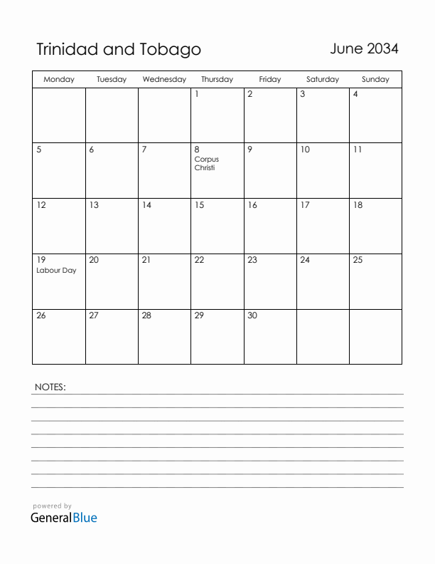 June 2034 Trinidad and Tobago Calendar with Holidays (Monday Start)