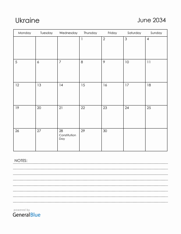 June 2034 Ukraine Calendar with Holidays (Monday Start)