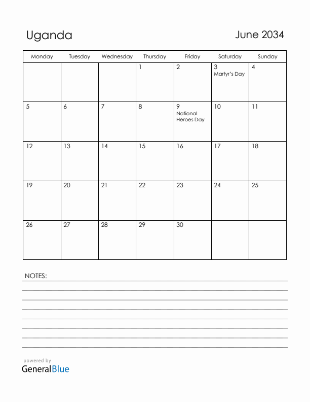 June 2034 Uganda Calendar with Holidays (Monday Start)