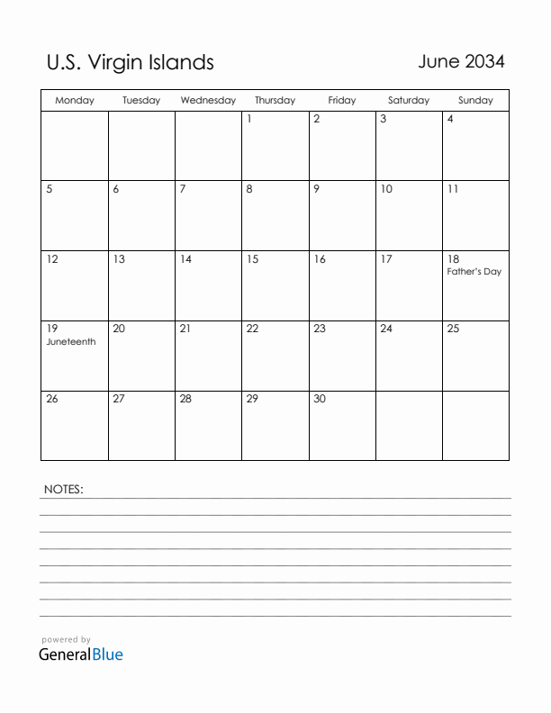 June 2034 U.S. Virgin Islands Calendar with Holidays (Monday Start)