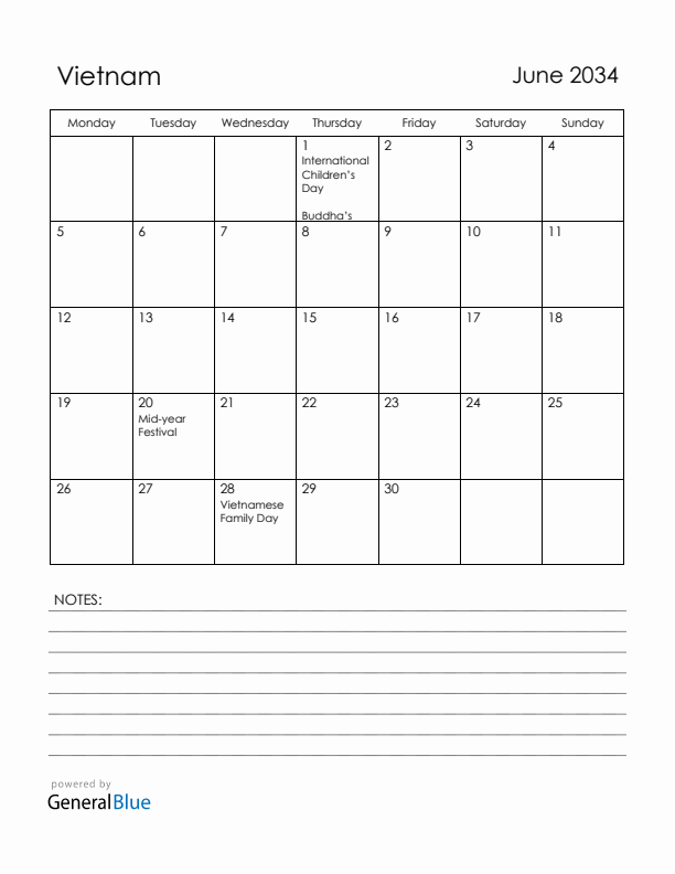 June 2034 Vietnam Calendar with Holidays (Monday Start)