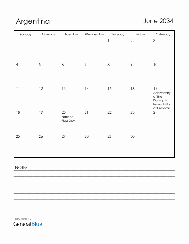 June 2034 Argentina Calendar with Holidays (Sunday Start)