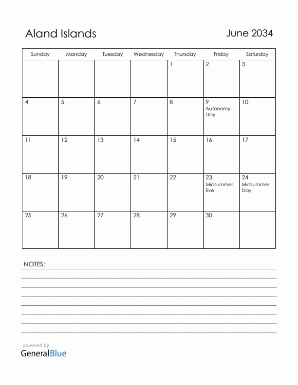 June 2034 Aland Islands Calendar with Holidays (Sunday Start)