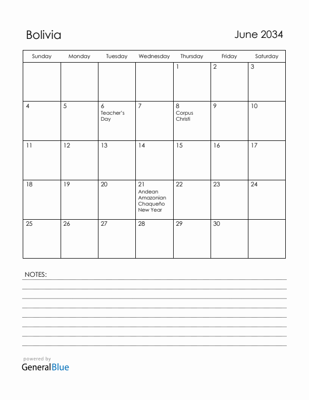 June 2034 Bolivia Calendar with Holidays (Sunday Start)