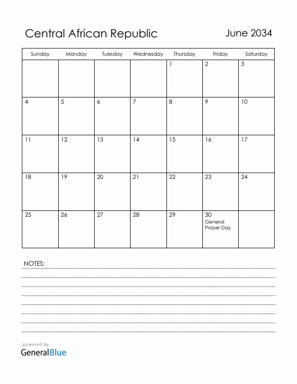 June 2034 Central African Republic Calendar with Holidays (Sunday Start)
