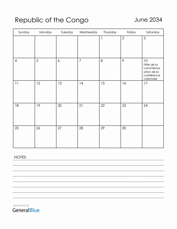 June 2034 Republic of the Congo Calendar with Holidays (Sunday Start)