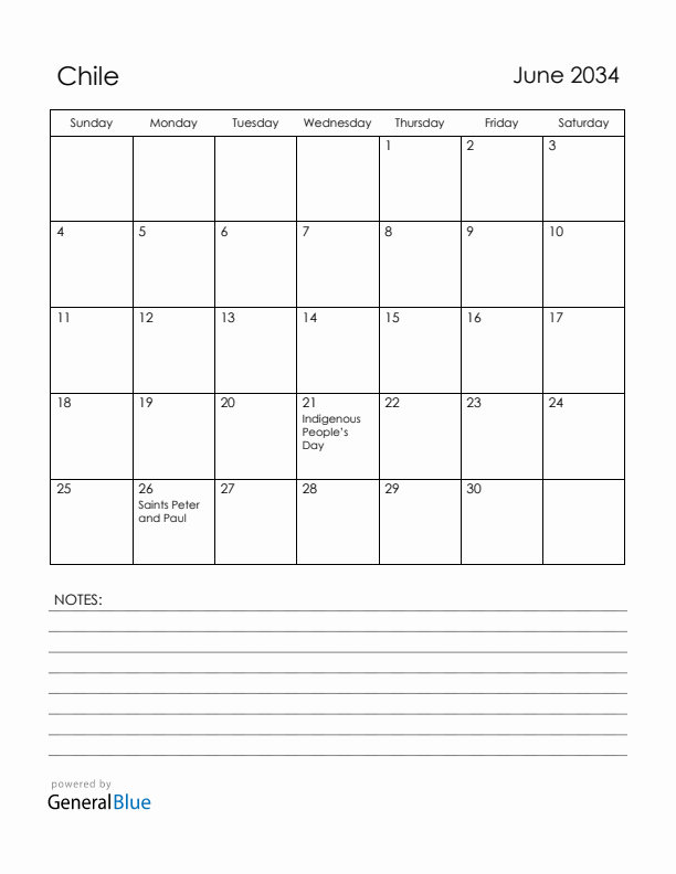 June 2034 Chile Calendar with Holidays (Sunday Start)