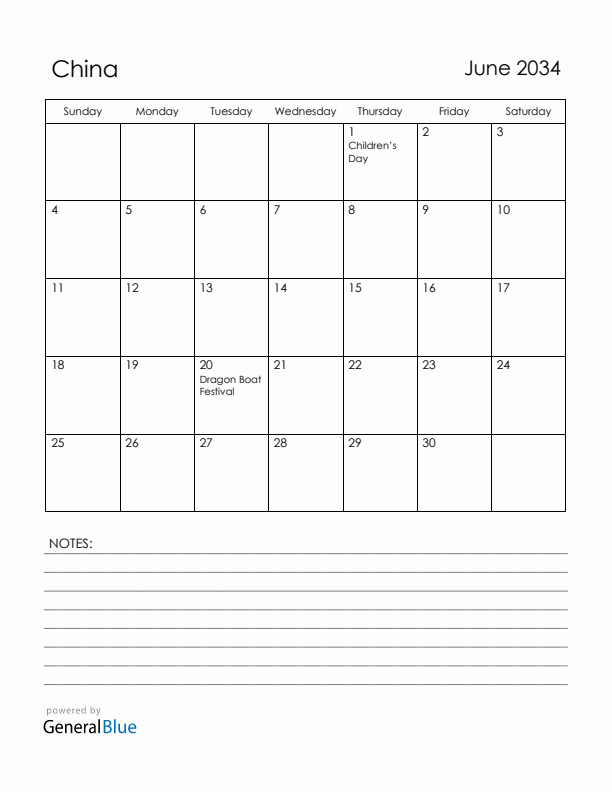 June 2034 China Calendar with Holidays (Sunday Start)