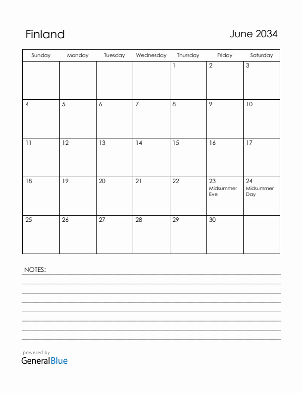 June 2034 Finland Calendar with Holidays (Sunday Start)