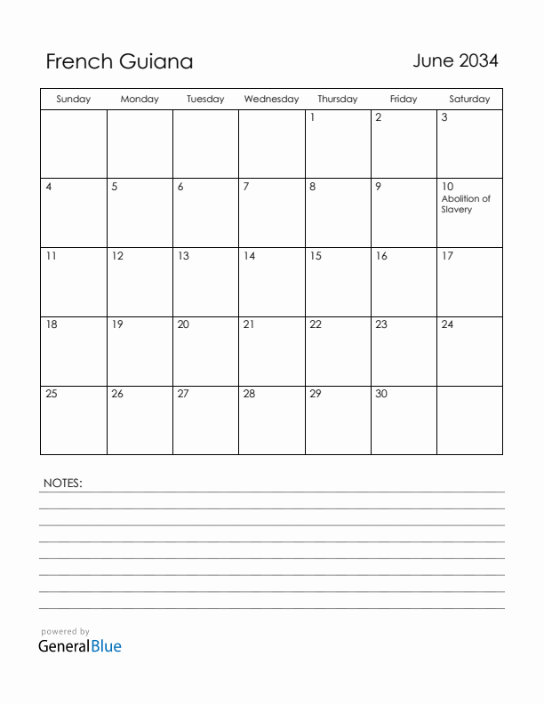June 2034 French Guiana Calendar with Holidays (Sunday Start)