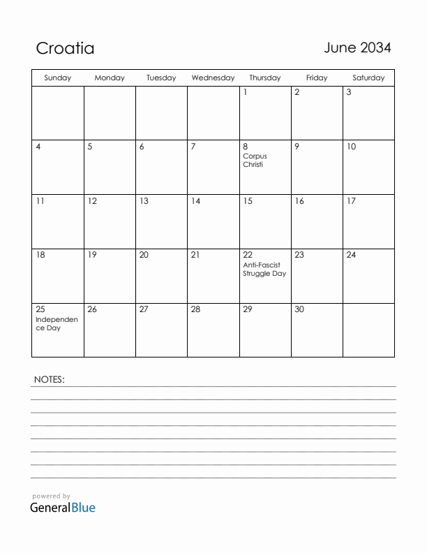 June 2034 Croatia Calendar with Holidays (Sunday Start)