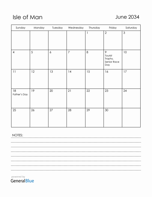 June 2034 Isle of Man Calendar with Holidays (Sunday Start)