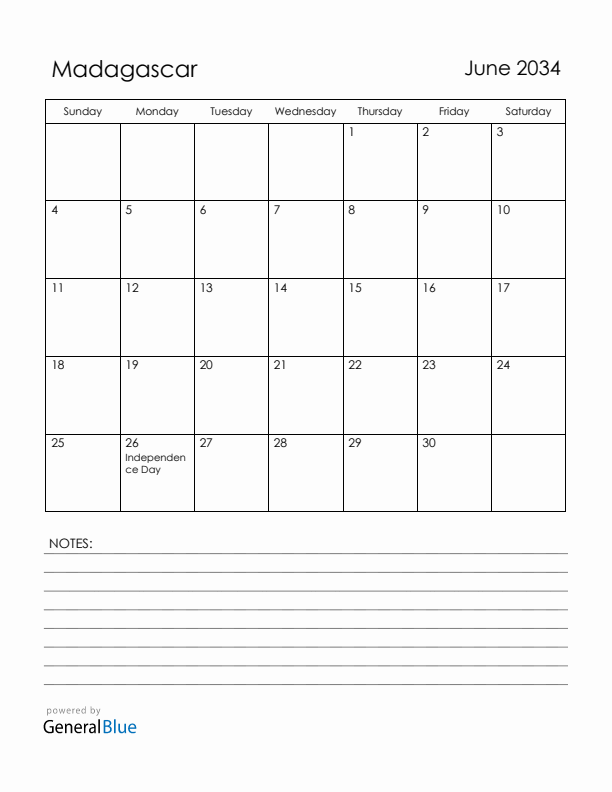 June 2034 Madagascar Calendar with Holidays (Sunday Start)