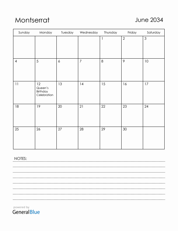 June 2034 Montserrat Calendar with Holidays (Sunday Start)