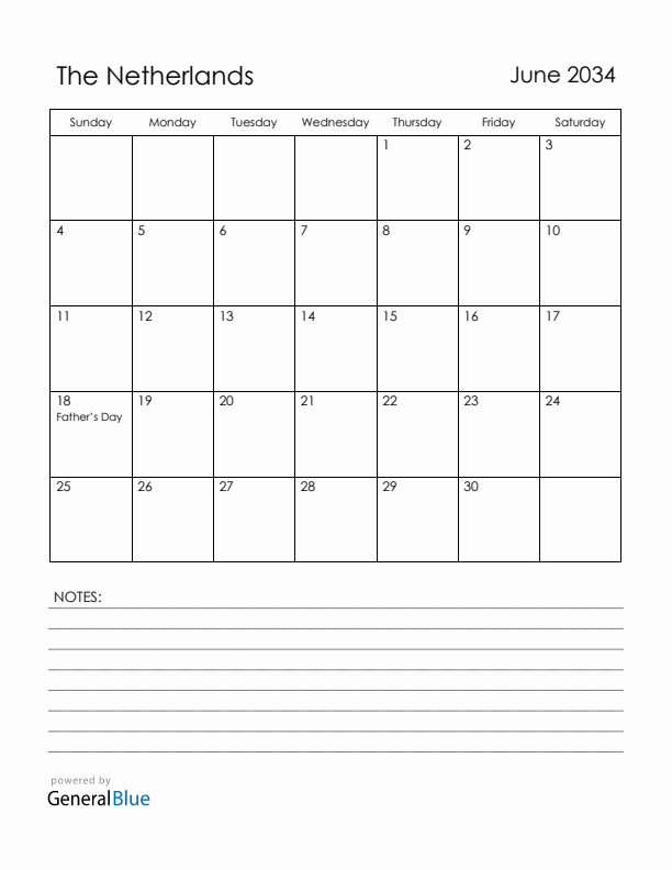 June 2034 The Netherlands Calendar with Holidays (Sunday Start)