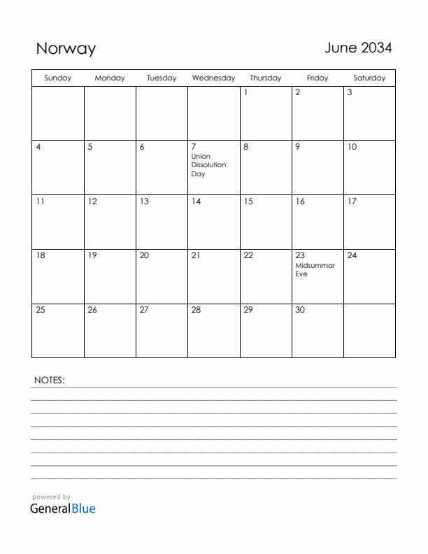 June 2034 Norway Calendar with Holidays (Sunday Start)