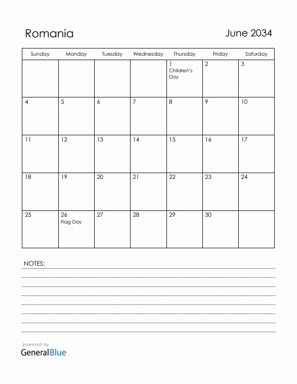 June 2034 Romania Calendar with Holidays (Sunday Start)