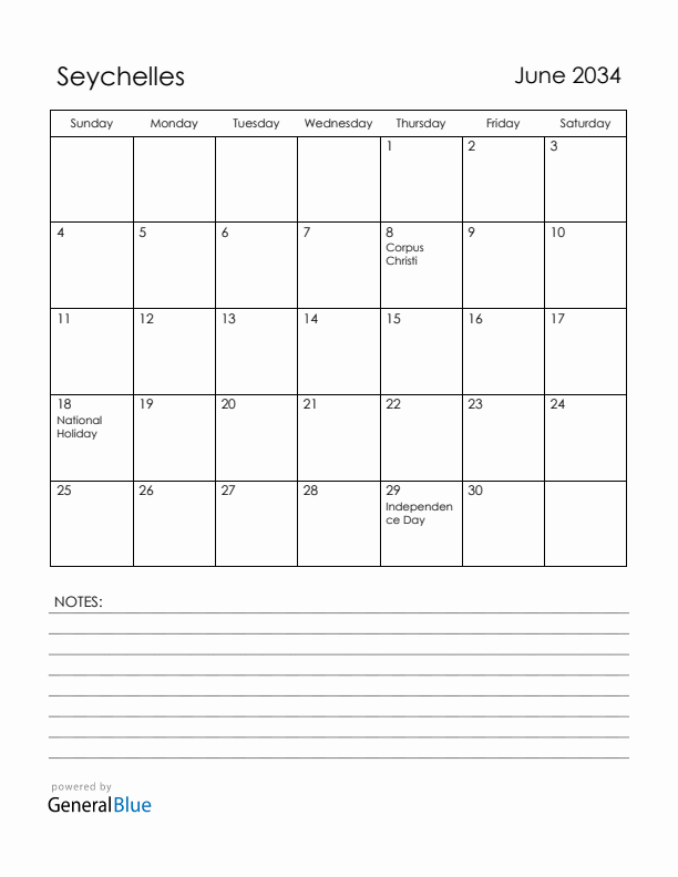 June 2034 Seychelles Calendar with Holidays (Sunday Start)