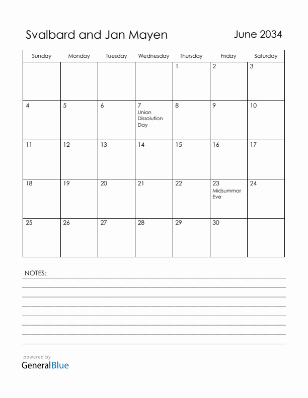 June 2034 Svalbard and Jan Mayen Calendar with Holidays (Sunday Start)