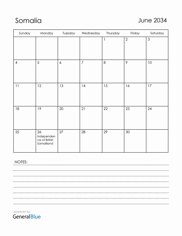 June 2034 Somalia Calendar with Holidays (Sunday Start)