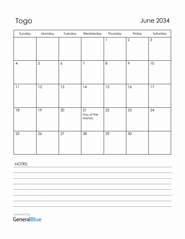 June 2034 Togo Calendar with Holidays (Sunday Start)