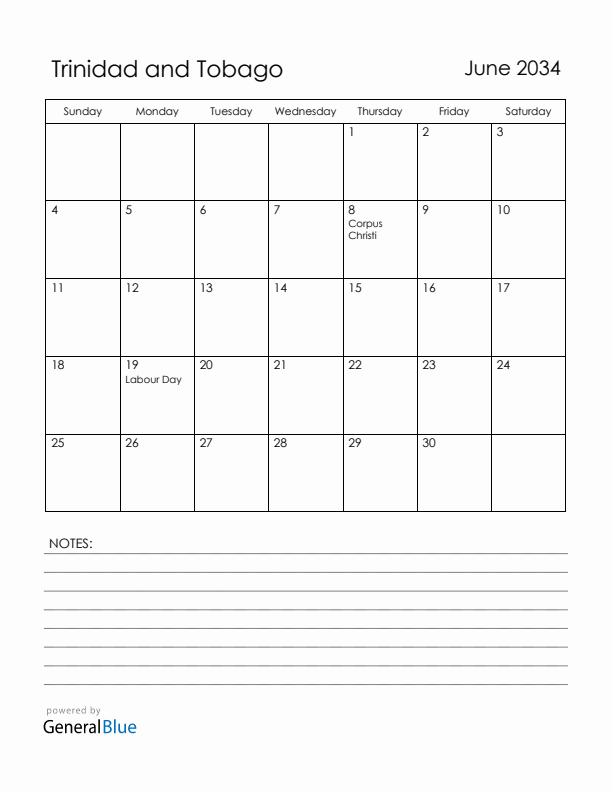 June 2034 Trinidad and Tobago Calendar with Holidays (Sunday Start)