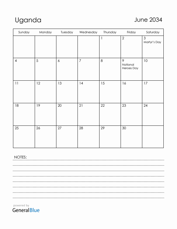 June 2034 Uganda Calendar with Holidays (Sunday Start)