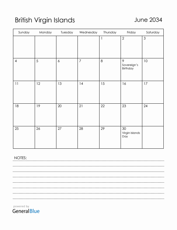 June 2034 British Virgin Islands Calendar with Holidays (Sunday Start)