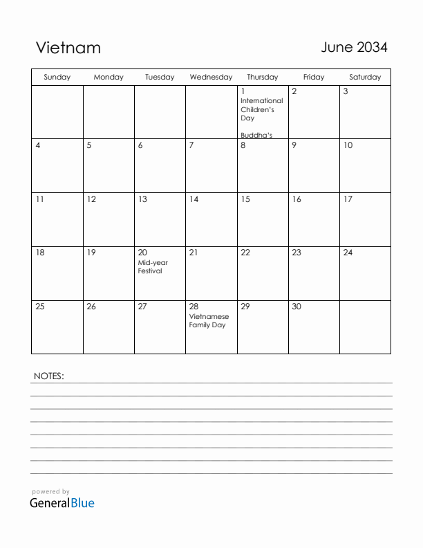 June 2034 Vietnam Calendar with Holidays (Sunday Start)