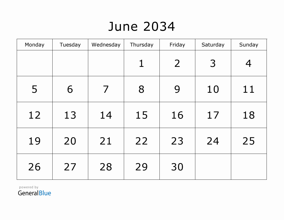 Monday In June Printable June 2034 Calendar - Monday Start