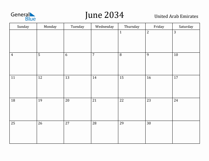 June 2034 Calendar United Arab Emirates