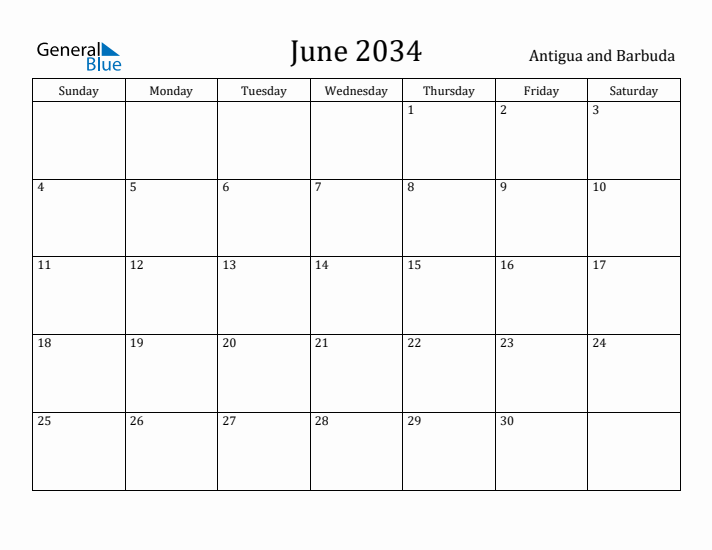 June 2034 Calendar Antigua and Barbuda
