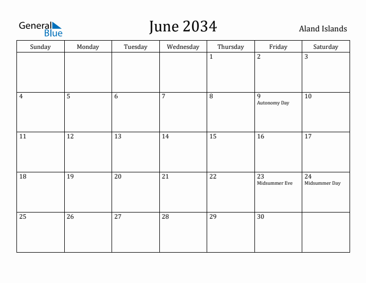 June 2034 Calendar Aland Islands