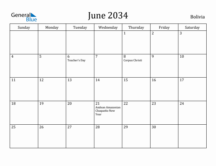June 2034 Calendar Bolivia