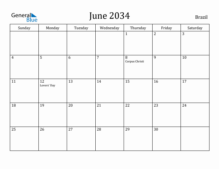 June 2034 Calendar Brazil