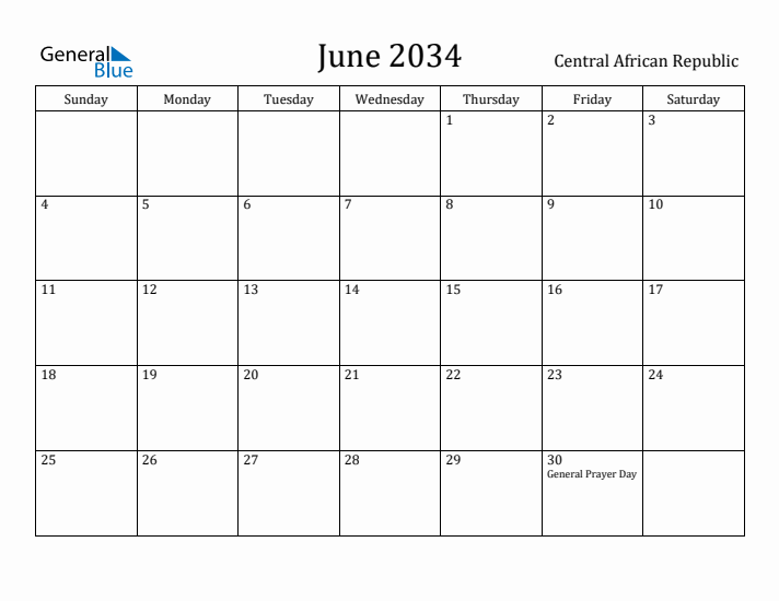 June 2034 Calendar Central African Republic