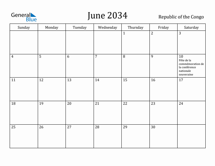 June 2034 Calendar Republic of the Congo
