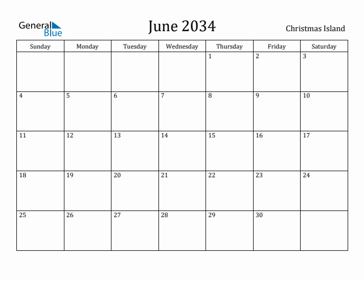 June 2034 Calendar Christmas Island