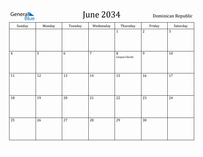 June 2034 Calendar Dominican Republic