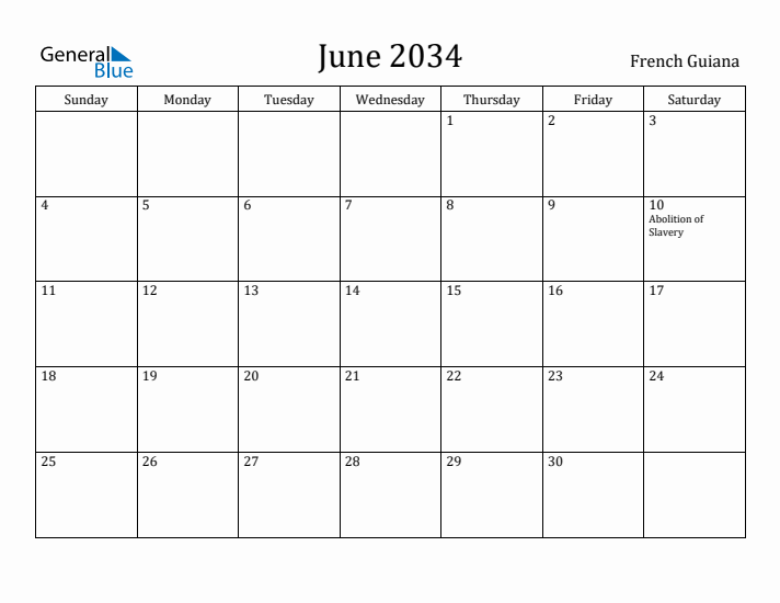 June 2034 Calendar French Guiana