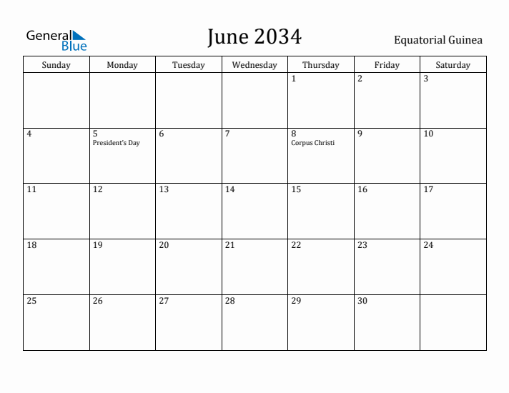 June 2034 Calendar Equatorial Guinea