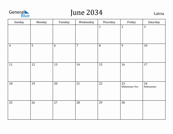 June 2034 Calendar Latvia