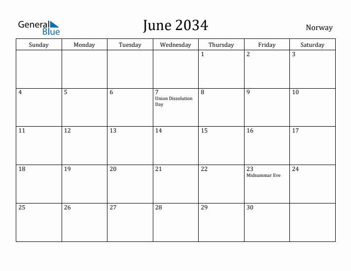June 2034 Calendar Norway