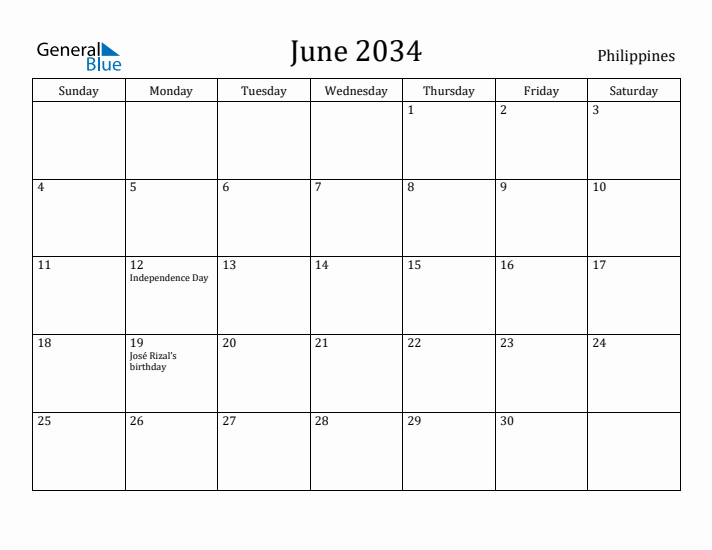 June 2034 Calendar Philippines