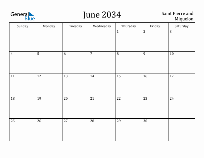 June 2034 Calendar Saint Pierre and Miquelon