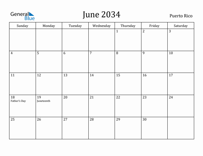 June 2034 Calendar Puerto Rico