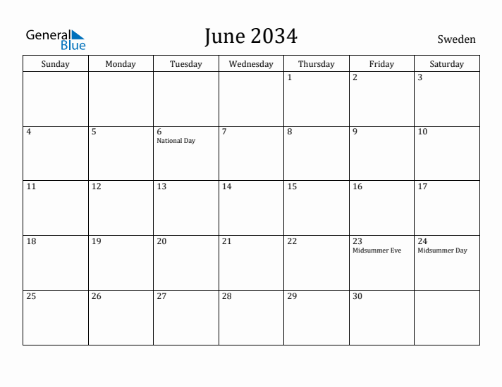 June 2034 Calendar Sweden