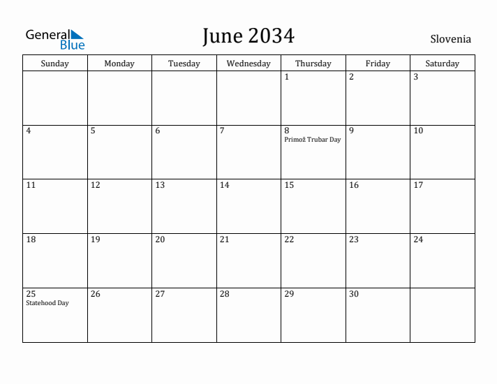 June 2034 Calendar Slovenia