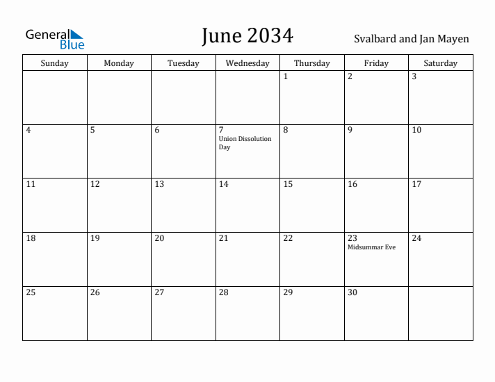 June 2034 Calendar Svalbard and Jan Mayen
