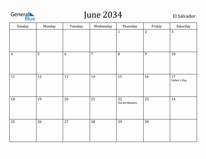 June 2034 Calendar El Salvador